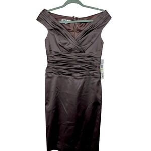 Kay Unger New York Cocktail Dress Satin Ruched Off Shoulder Mink Brown Size 4